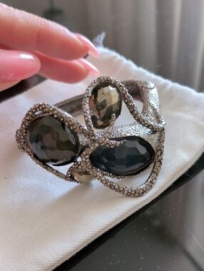 tba Silver-Tone Cuff Bracelet with Smoky Black and Gray Faceted Stones